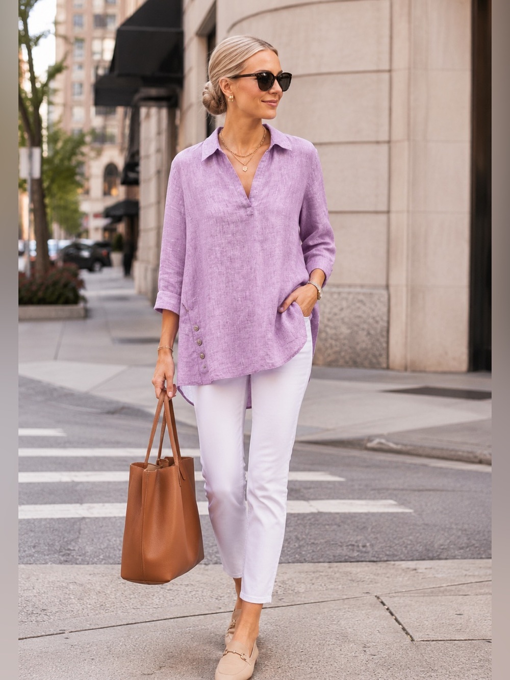 ANTIBES BLANC Women's Lavender Linen V-Neck Tunic Top L